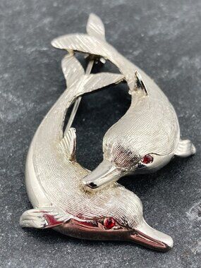 VINTAGE Silver tone metal and red rhinestone double dolphin brooch c. 1960s pin